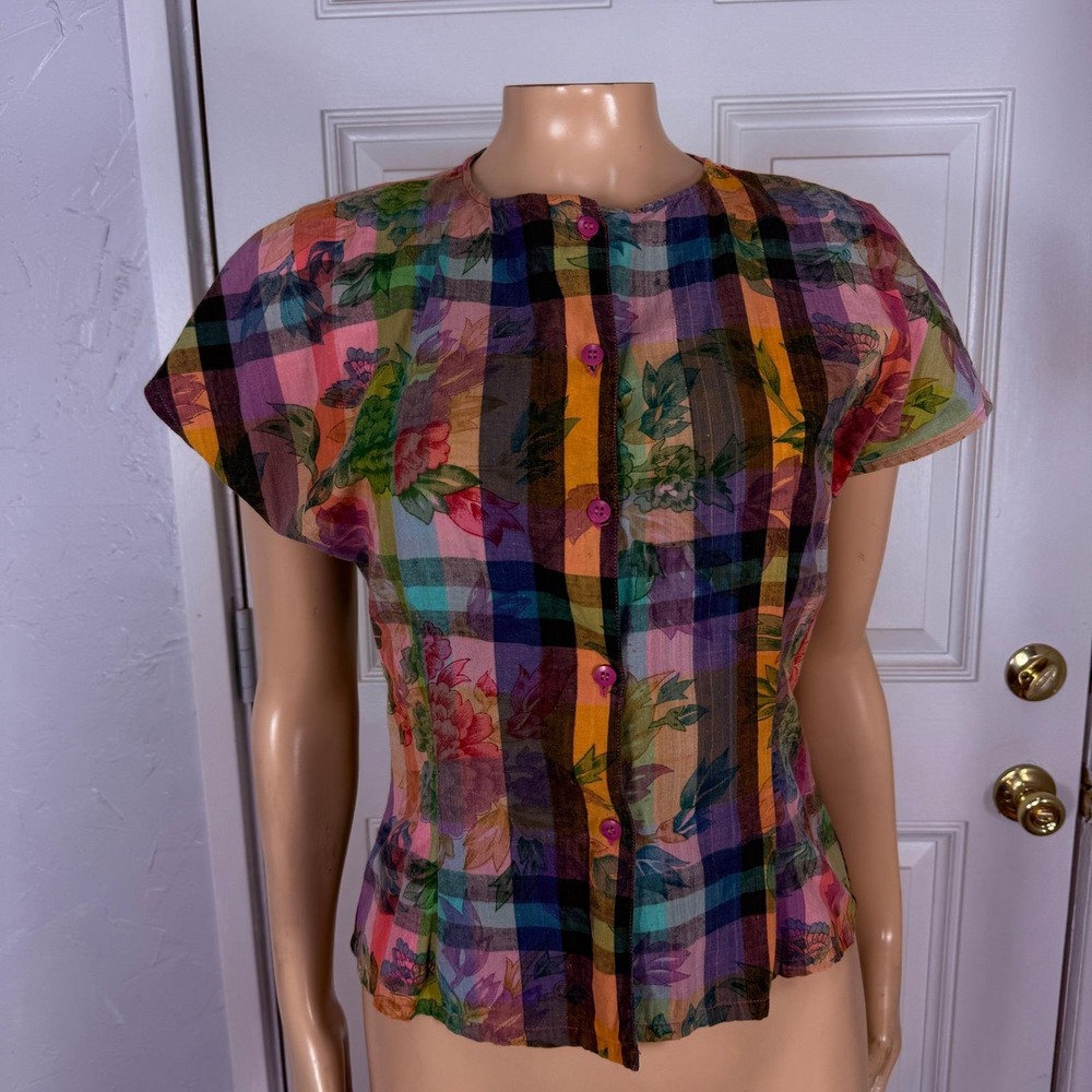 Vintage 70s Michel Women's Shirt Top Small Floral Button Plaid Cotton India SS11